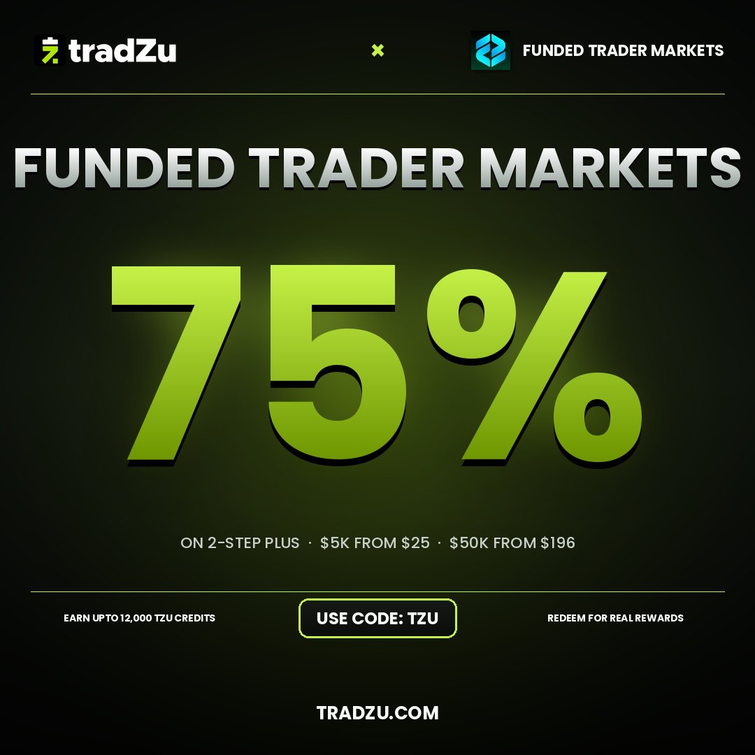 TradzuHq's tweet photo. Why pay full price? 

Secure your next funded account with 75% OFF at Funded Trader Markets.
Use code TZU and start your evaluation for less. 

Is it not enough? 
Get Tzu credits which can redeemed for exciting rewards 👀 https://t.co/se37vAtkm3