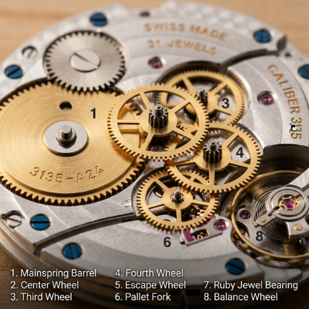 HuiPan1717's tweet photo. Watch movement power source & transmission: Mainspring stores energy in barrel. Going train (barrel→center→third→fourth→escape) transfers power. Auto winding uses rotor, reversing wheels, yoke. https://t.co/Itu352A2MP #WatchMovement #Horology https://t.co/qnn2JL2j1x