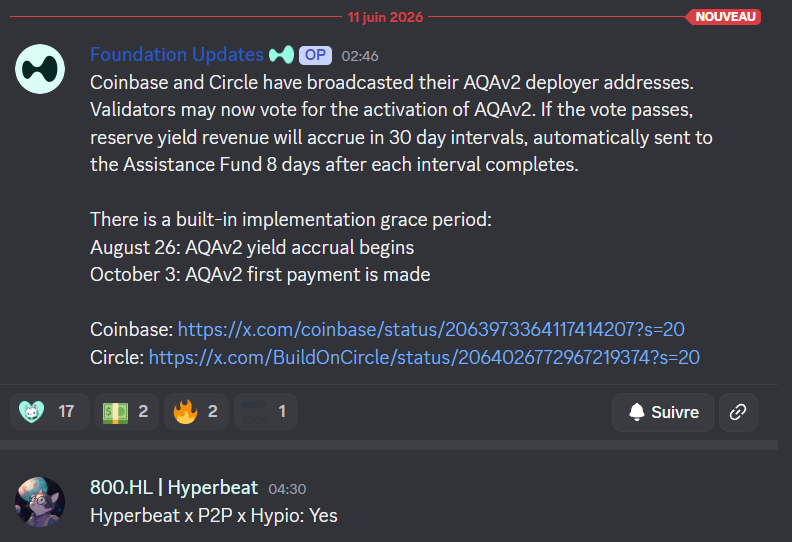 Yaugourt's tweet photo. AQAv2 is live for validator vote. 

Coinbase and Circle have broadcasted their deployer addresses.

If the vote passes:
August 26: yield accrual begins 
October 3: first payment hits the Assistance Fund

$5B+ in $USDC. 90% of reserve yield flowing to  buybacks. The countdown starts now.

Hyperliquid.