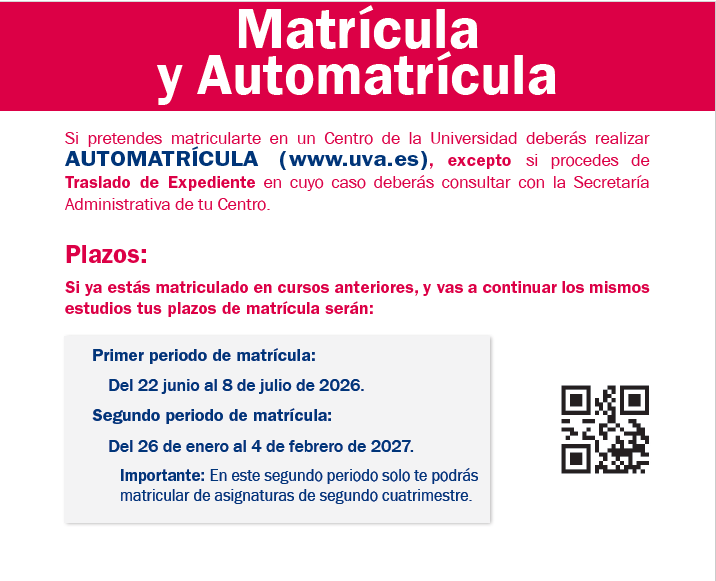 SJC_UVA's tweet photo. 🔴 ¡Os dejamos las fechas más importantes de cara a la matriculación, para el curso 2026/2027, tanto del nuevo alumnado como de los estudiantes que continúan su formación en la Universidad de Valladolid! 
#FacultadSJC #Segovia https://t.co/4RqTaceN0Y