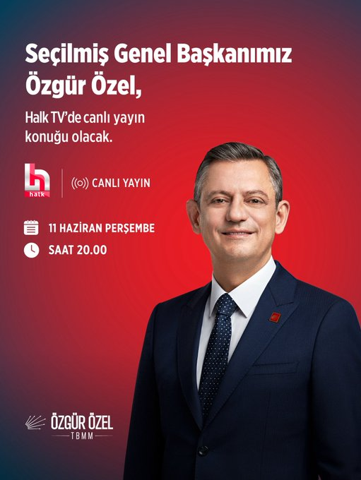 TC_MKemal's tweet photo. Yayalım dostlar.
Bugün halk tv izlenme rekorları kırsın.

CHP nin Seçilmiş Genel Başkanı Sayın Özgür Özel, bu akşam Halk TV’de canlı yayın konuğu olacak.   

🗓️11 Haziran Perşembe  📷20.00 https://t.co/bZelvNekAQ