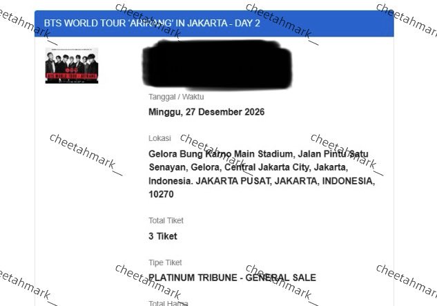 cheetahmark__'s tweet photo. wts - want to sell

BTS World Tour Arirang in Jakarta

Day 2 - 2026/12/27 

 PLATINUM TRIBUNE GENERAL SALE
💞 3 tix (side by side)
💞 fullpay only (high price, tell me your budget)

‼️ SERIOUS BUYER ONLY ‼️
prefer yang take all 🙏🏻

t. wts bts in jakarta platinum tribune https://t.co/CwAxA56e1i