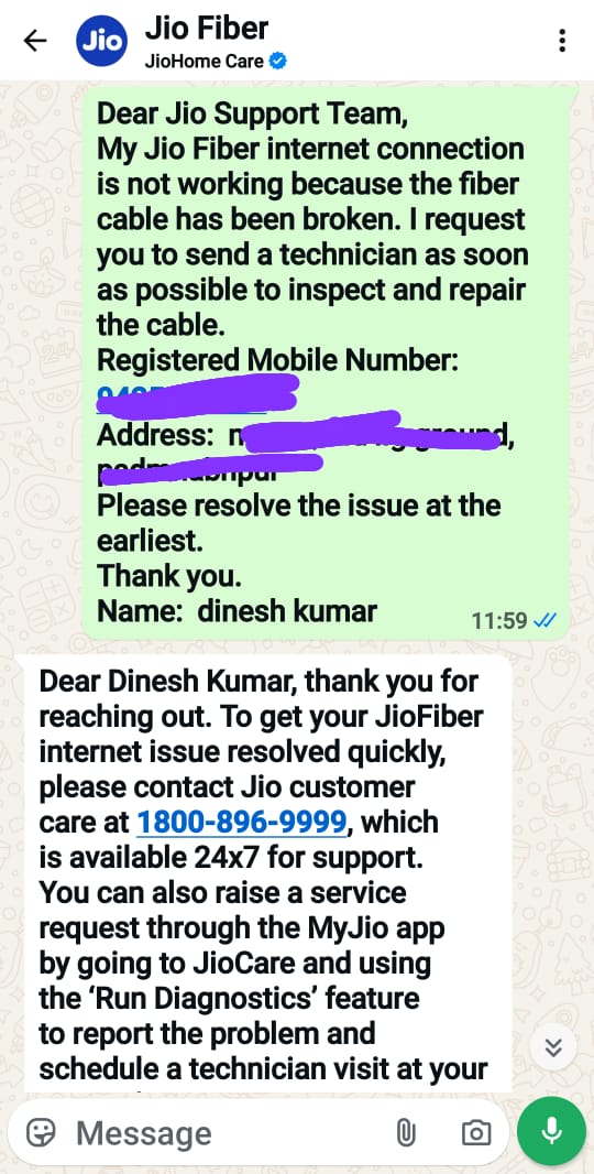 DineshDadse's tweet photo. @JioCare मेरा JioFiber केबल टूट गया है, जिससे इंटरनेट सेवा बंद है। मैंने कस्टमर केयर, WhatsApp, ईमेल और MyJio App सभी माध्यमों से संपर्क किया, लेकिन हर जगह से मुझे दूसरे माध्यम पर भेज दिया गया। अब तक न तो शिकायत दर्ज हुई है और न ही कोई तकनीशियन भेजा गया है। #JioFiber #Customer https://t.co/lGFSWUJlae