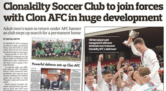 germccarthy74's tweet photo. ⚽️FEATURE

@westcorkleague club @ClonakiltyAFC is looking for a permanent home but will join forces with @clonsoccerclub from next season.

📰See this week's @SouthernStarIRL @WestCorkSport

#⃣ #westcork #soccer #localsoccer https://t.co/ZSvDqPclZE