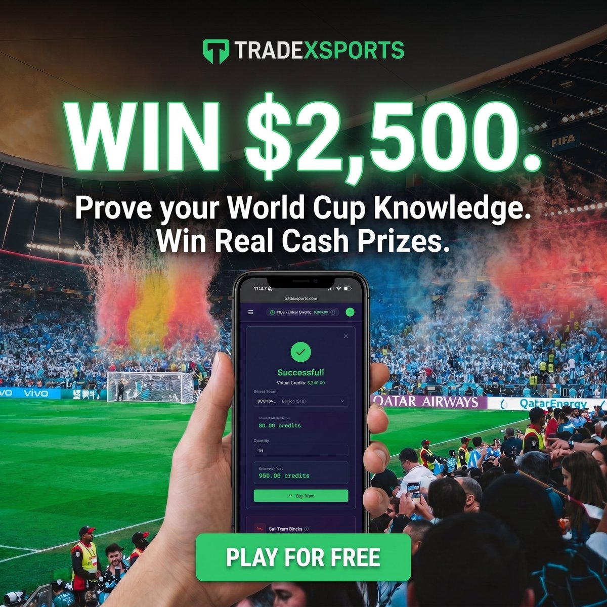 tradexsportshq's tweet photo. ⚽ The World Cup is LIVE — and so is the challenge.
Think you know football? Prove it.
Win up to $2,500 in real cash prizes.
No betting. No gambling. Just skill.
👉 Play for free at https://t.co/jn9CqIrkGe#WorldCup #TradeXSports #Football #SportsTech #PlayToWin #SkillBasedGaming https://t.co/oQvBZCkNjG