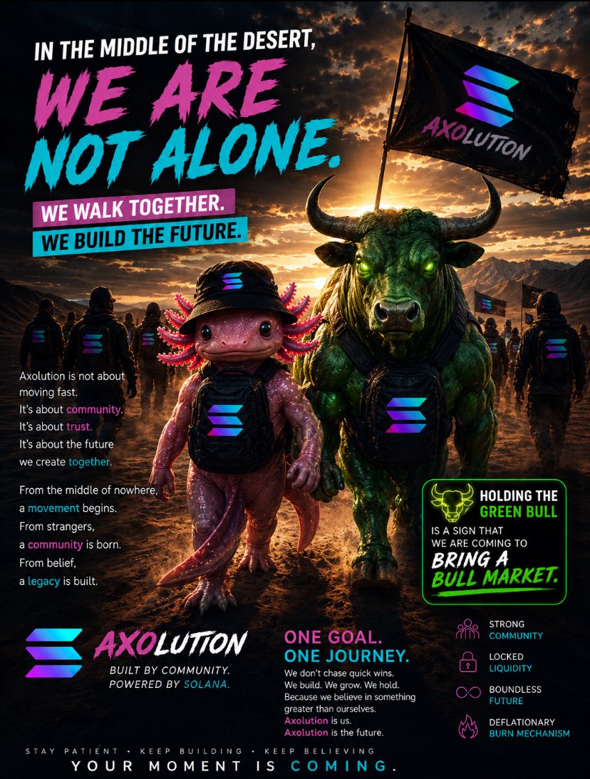 AxolOnSolan's tweet photo. ๐ The Green Bull is not just a symbol.
Itโs a message.
In the middle of the desert, while others lose hope, we keep building.
We donโt wait for the bull market.
We bring it.
$AXOL #Axolution #Solana #Memecoin #CryptoCommunity https://t.co/0eQdpsNjFI