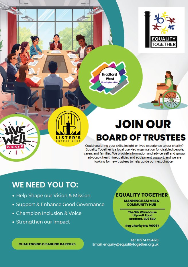 EqualityTo's tweet photo. Could you bring your skills, insight or lived experience to our charity?

Equality Together is a local user-led organisation for disabled people, carers and families, and we are looking for new trustees to help guide our next chapter. https://t.co/9FucBjgxFj