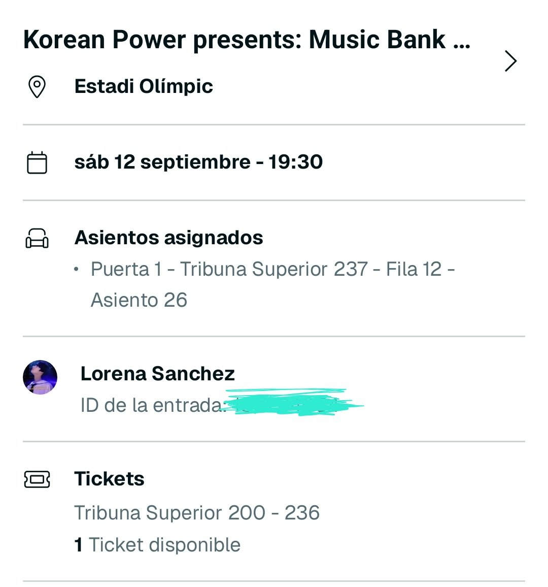 p_heartle's tweet photo. Hii, im selling my ticket for the Music Bank in Barcelona because I can't attend to the event because of work.
I'm selling for the original price without the fees (160€) if somebody is interesting can dm me https://t.co/CFIaSPSTsz