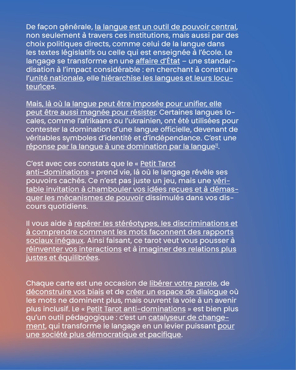 CNAPD's tweet photo. Le langage ne fait pas que nommer la réalité — il la construit, il l'impose, il exclut.

👉 Le Petit Tarot anti-dominations : un outil pour déconstruire les rapports de pouvoir cachés dans nos mots.

📦 78 cartes + livret + guide — 15€ + frais de port 
📩 info@cnapd.be https://t.co/93KYeQaIyS