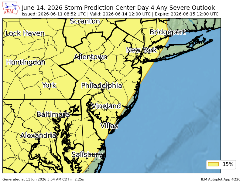 iembot_phi's tweet photo. #SPC issues Day 4 15% Any Severe Convective Risk at Jun 11, 8:52z for PHI https://t.co/BzDvdsNEFH https://t.co/G08DUnN7uZ