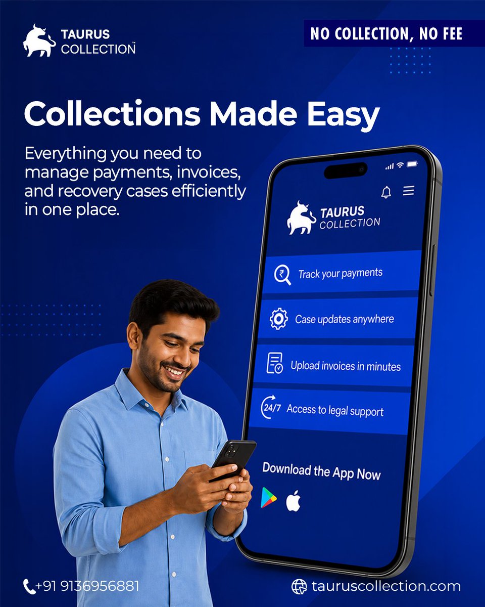 TaurusCPL's tweet photo. Recovery made simple with the Taurus Collection App.
Track payments, update cases, upload invoices and access support anytime, anywhere.
✔ Payments
✔ Updates
✔ Invoices
✔ Legal Support
📲 Download now
📞 +91 91369 56881
🌐 https://t.co/Fr6AjSNvd6
#TaurusCollection https://t.co/6dwuUgBdqf