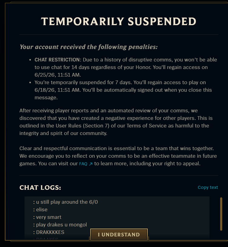solnex_22's tweet photo. @riotgames  @RiotSupport   my fking dogshitt teammate  goes 0/20/0 and i keep getting banned for saying 1 bad word  . clearly i am the one who is ruining the experience for other players https://t.co/OIfcMuULkf
