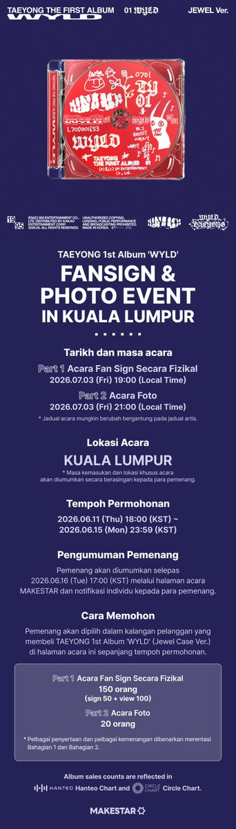 Makestarcorp's tweet photo. TAEYONG 1st Album 'WYLD' FANSIGN & PHOTO EVENT IN KUALA LUMPUR

📅 Tarikh dan masa acara: 2026.07.03 (Fri)
⏰ Tempoh Permohonan: ~ 2026.06.15 (Mon) 23:59 (KST)

📝Part 1 Acara Fan Sign Secara Fizikal
🤩 Untuk Semua Pemohon - Keping photocard selfie eksklusif yang belum pernah didedahkan
👉 150 orang（sign 50 + view 100）

📸 Part 2 Acara Foto 
🎀 Untuk Semua Pemohon - Keping photocard selfie eksklusif yang belum pernah didedahkan
👉 Sesi bergambar Polaroid wide 1:1 bersama (20 orang)

* Pelbagai penyertaan dan pelbagai kemenangan dibenarkan merentasi Bahagian 1 dan Bahagian 2.

🔗https://t.co/iEDllnaqWx

#TAEYONG #태용 #WYLD #MAKESTAR