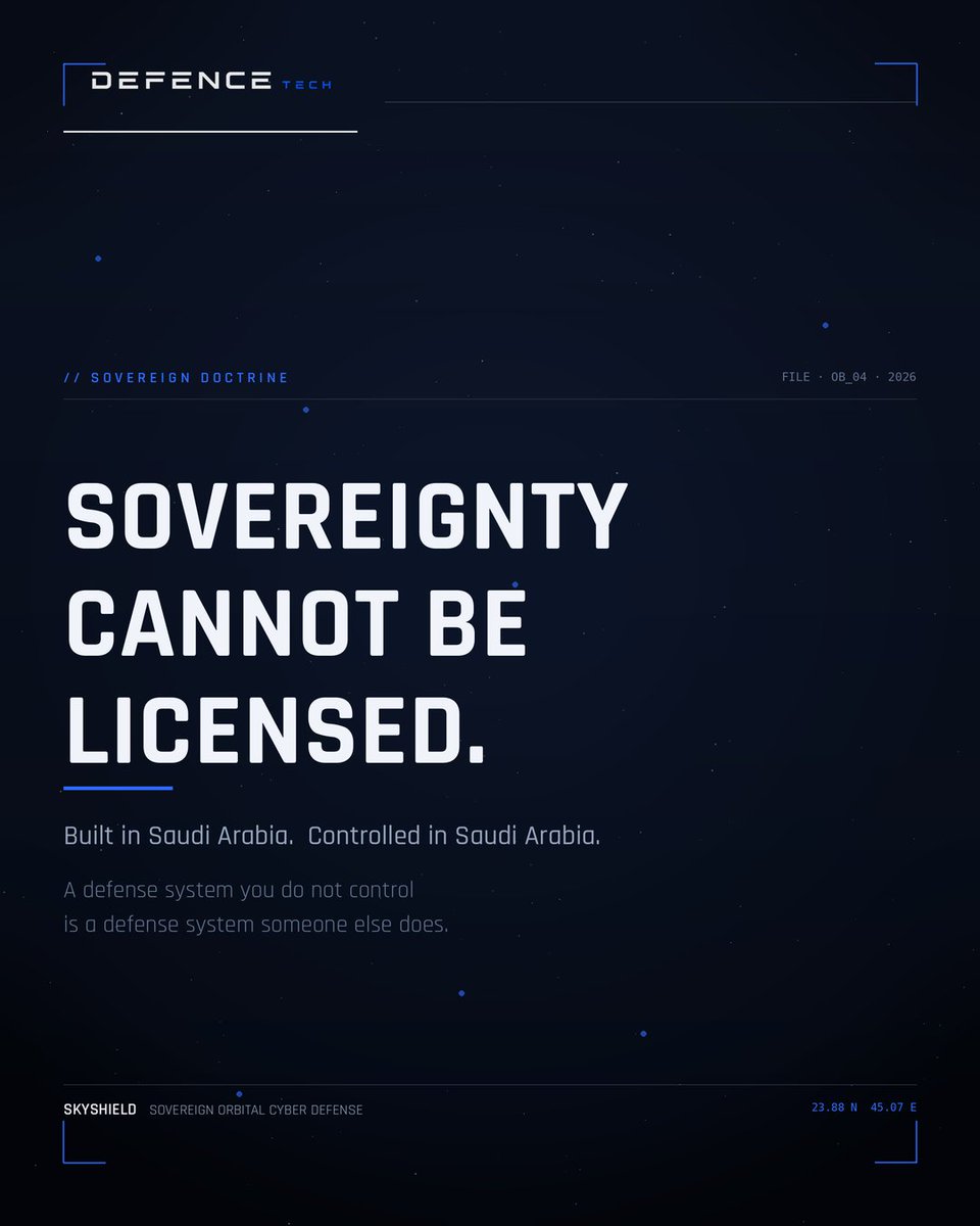 Defence_Teh's tweet photo. A foreign framework can be licensed in weeks. Sovereignty cannot.

When Defence Tech began building SkyShield, the faster path was obvious: license an established foreign cyber-defense framework, deploy it across national satellite infrastructure, and move on.
Our founder rejected it.

The reasoning was operational, not symbolic. A defense system you do not control is a defense system someone else does. Every foreign dependency inside a sovereign space architecture is a switch held in another capital — a kill condition written into the supply chain before the first threat ever appears.

So SkyShield was built inside the Kingdom. Air-gapped. Sovereign by design. Engineered for classified environments where the operator answers to no external vendor, license, or jurisdiction.

This is not national preference. It is threat modeling.
The systems that protect a nation's orbital assets cannot depend on the goodwill of the systems that built them.

Built in Saudi Arabia. Controlled in Saudi Arabia.

#SovereignDefense #SpaceCybersecurity #SaudiArabia #DefenseTech #SkyShield