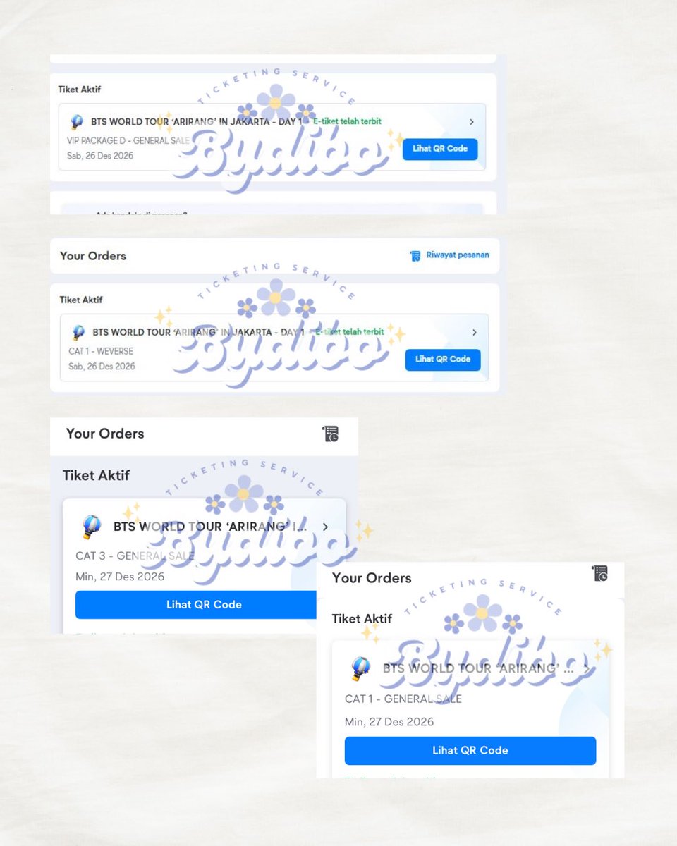 bydibo's tweet photo. Alhamdulillah jaswar tiket BTS Arirang In Jakarta 
Secured semuanya ✅

Terimakasih banyak untuk para customer semoga dilancarkan segala hal 🫶🏻💖

#jasawartiket #jastip #zonauang https://t.co/DpbCDur0x8