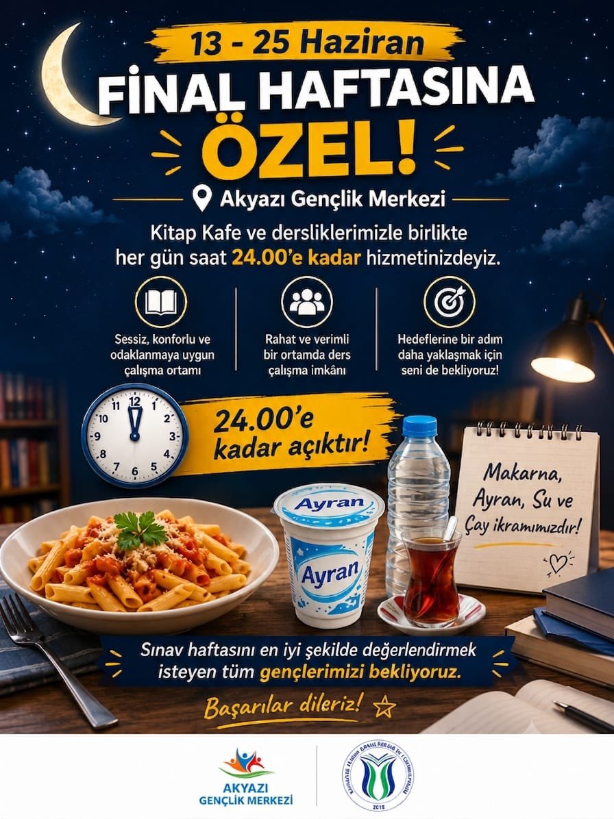 subusbf's tweet photo. Akyazı Gençlik Merkezi, final haftası dolayısıyla 13-25 Haziran tarihleri arasında her gün saat 24.00’e kadar öğrencilerimizin hizmetinde olacak.

Sınavlara hazırlanan öğrencilerimiz sessiz ve konforlu bir çalışma ortamı sunan merkezde, makarna, ayran, su ve çay ikramı da ++ https://t.co/KRchM6yesp