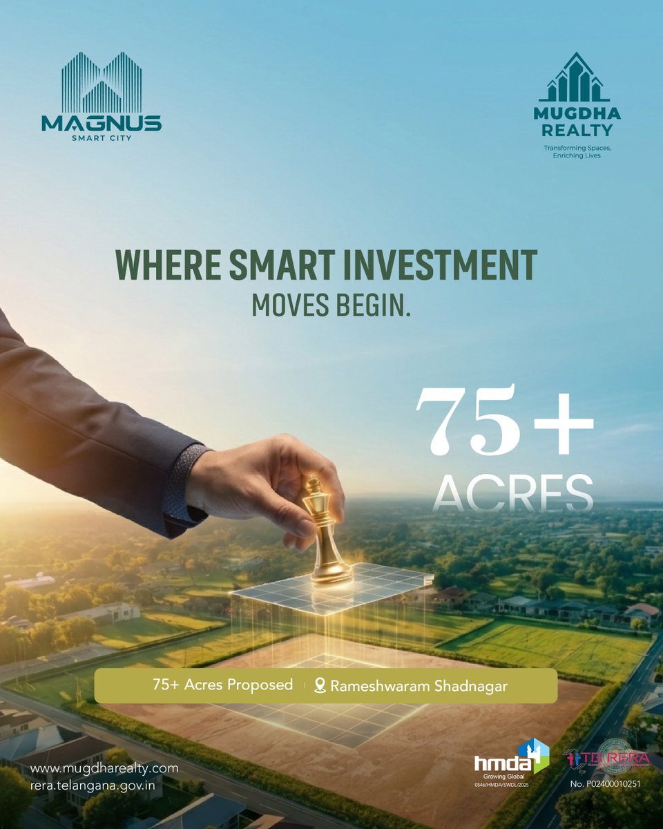 MugdhaRealty's tweet photo. Smart investments start with smart locations. Explore 75+ acres proposed  opportunity at Magnus Smart City, Shadnagar. Enquire today and secure your future.

Visit: https://t.co/qwlVuGZawK
.
.
#Rameshwaram #Shadnagar #Magnussmartcity #MugdhaRealty https://t.co/bJfvdcoBnc