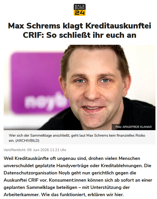 NOYBeu's tweet photo. 📰 "Noyb macht Ernst im Kampf gegen intransparente Bonitätsbewertungen. Am Dienstag brachten die Datenschützer:innen die erste Unterlassungsklage gegen die Kreditauskunftei #CRIF ein. Noch im zweiten Halbjahr dieses Jahres soll eine #Sammelklage folgen."
https://t.co/28yKI0OLmt https://t.co/Iny5txRkaU
