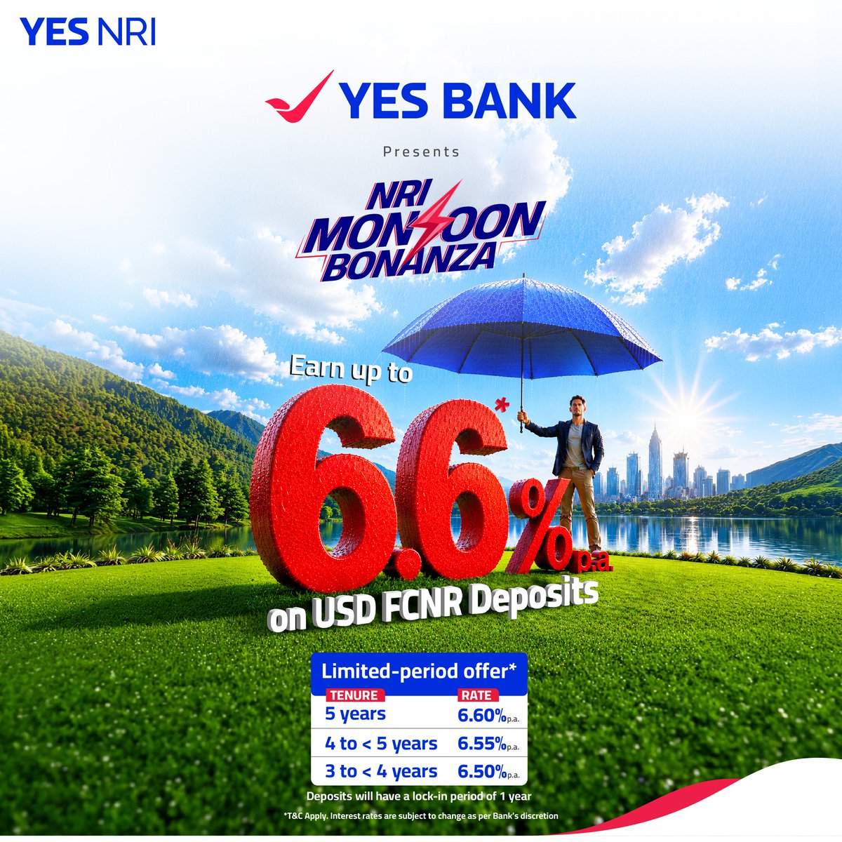 YESBANK's tweet photo. 💵 Earn up to 6.6%* p.a. on USD FCNR deposits for a tenure of 5 years this monsoon season.

Make the most of your overseas earnings with YES BANK’s NRI Monsoon Bonanza.

Why invest in FCNR deposits?

• Interest earned is exempt from tax in India
• Freely and fully repatriable deposits

Other attractive rates across tenures:

🔹 6.55% p.a. for 4 years to less than 5 years
🔹 6.50% p.a. for 3 years to less than 4 years

*T&C apply. Deposits will have a lock-in period of 1 year.

To view the latest FCNR Deposit rates, visit : https://t.co/pZs9QDoiE9

To know more, visit : https://t.co/V8eATWJbTp

#YESBANK #LifeKoBanaoRich #NRIMonsoonBonanza #NRIBanking #FCNRDeposits