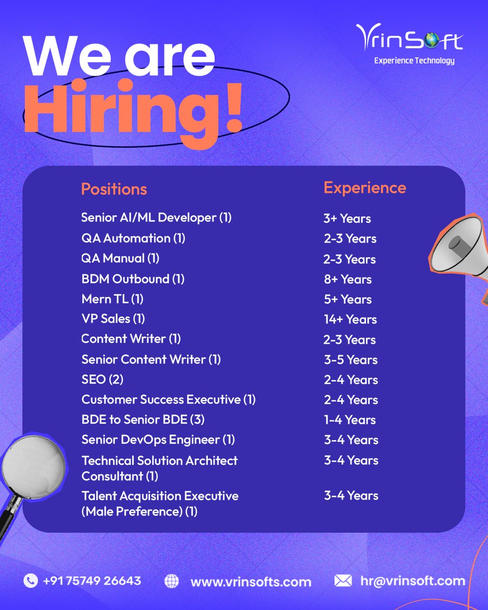 vrinsofts's tweet photo. We have multiple openings across technology, sales, marketing &amp; support functions.

If you're driven by innovation &amp; will to grow, we'd love to hear back.

📍 Location: Ahmedabad (WFO)
📞 Contact: 7574926643
📩 Email: hr@vrinsoft.com

🔗 Apply: https://t.co/ZoY3r1Apah

#Hiring https://t.co/STqb9elRWf