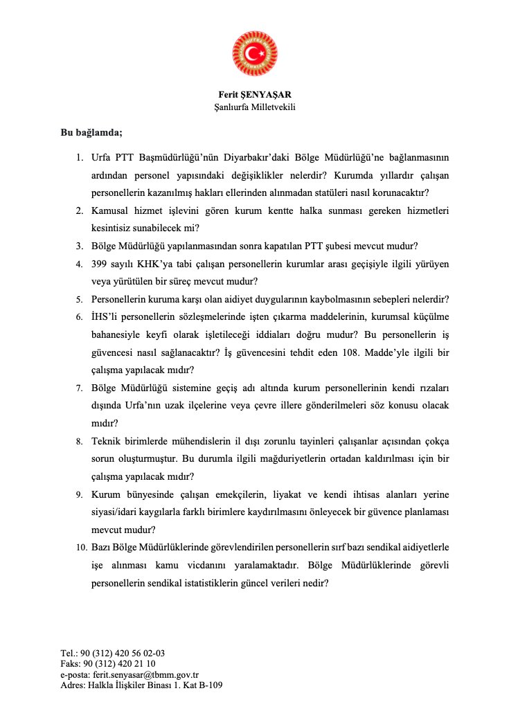 FeritSeny's tweet photo. ⚠️Urfa PTT Başmüdürlüğü'nün Diyarbakır Bölge Müdürlüğü'ne bağlanmasıyla personeller üzerinde güvencesizlik ve tasfiye kaygısı doğmuştur.

‼️Şirket mantığıyla hareket edilerek, İHS’li çalışanların işten çıkarılması ve 399’lu personelin kazanılmış haklarının gasp edilmesi kabul edilemez.

📌Konuyla ilgili Ulaştırma ve Altyapı Bakanı'na sorular yönelttik.

@a_uraloglu
@UABakanligi