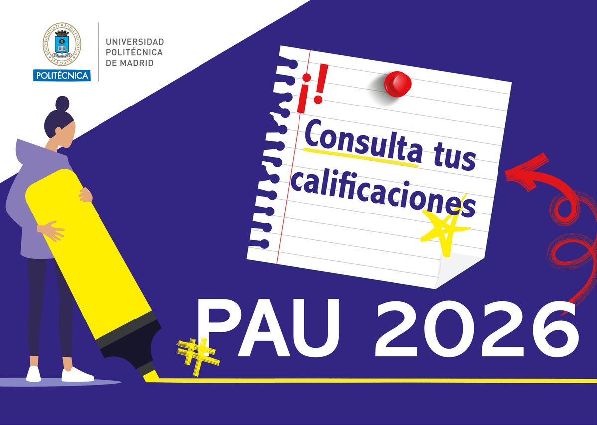 La_UPM's tweet photo. ¡¡Ha llegado el día!! Te recordamos que, a partir de las 12:00 horas, podrás consultar tus calificaciones provisionales de la #PAU2026.
Te dejamos el enlace https://t.co/q0YoVyg9do
#somosUPM #estudiantes #pau2026 https://t.co/Ss6datX7jY