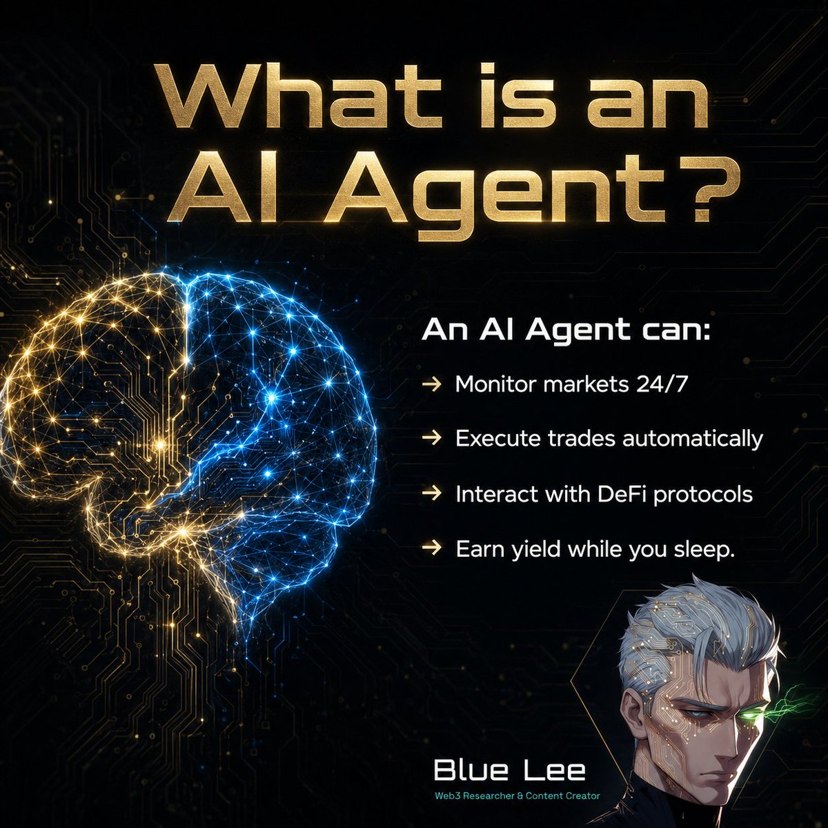 SamOnChain_X's tweet photo. What if your crypto wallet could think?
An AI Agent is a bot with a brain, it trades and earns onchain automatically.
No human needed after setup.
Think of it like hiring an employee 
except the employee lives onchain,
never sleeps, never asks for a raise,
and gets paid in tokens https://t.co/kzDBvoYOfD