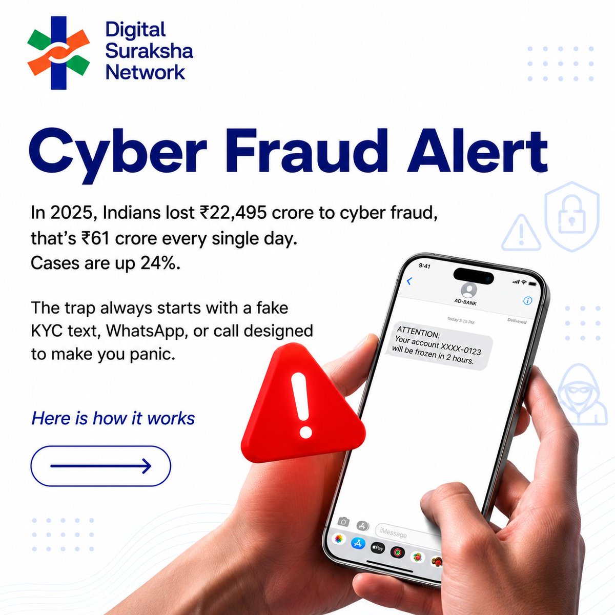 DSNFoundation's tweet photo. Cyber fraud is growing fast.
Most scams begin with a simple message designed to create panic:
⚠️ "Your account will be frozen."
⚠️ "Complete KYC immediately."
⚠️ "Your card will be blocked."
Don't react. Verify. https://t.co/wp7bf917KK