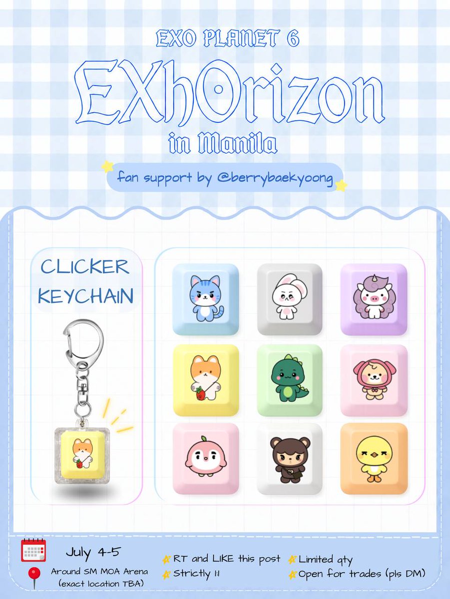 berrybaekyoong's tweet photo. EXO PLANET #6: EXhOrizon in Manila
Fan support by @berrybaekyoong

🗓 July 4 &amp; 5
📍Loc &amp; time: TBA

☆ EXO clicker keychains
☆ RT &amp; LIKE
☆ Strictly 1:1 (random)
☆ Open for on the spot trades
☆ DM for trades (limited)

See you EXO-Ls 💖

#EXhOrizoninMANILA #EXO #엑소 https://t.co/vCBjZIgjky