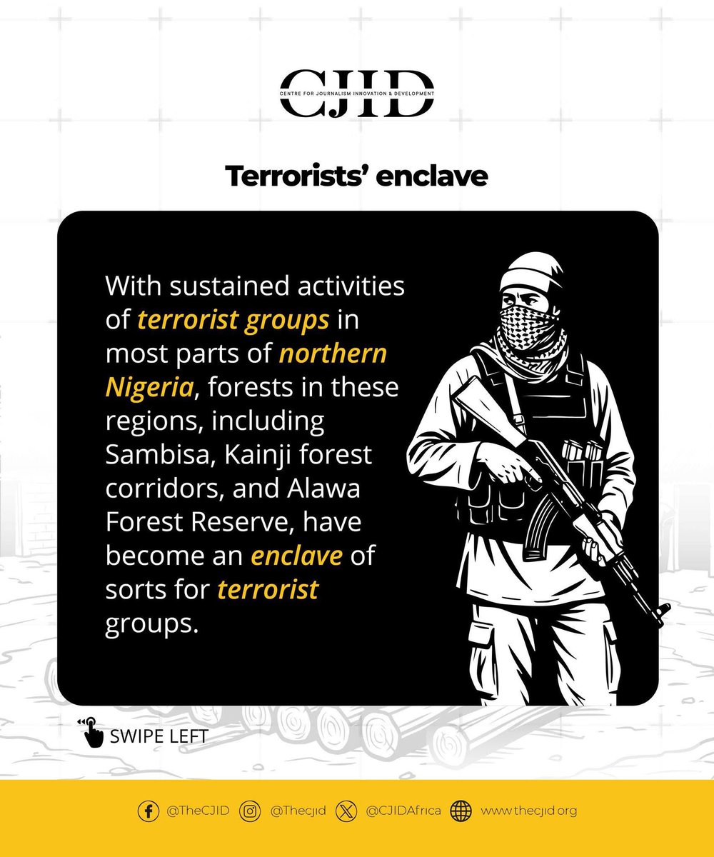 olorunwababs's tweet photo. At a time when insecurity has once again become a major national conversation, I am resharing another investigation commissioned by #CJID on how illegal timber trading continues to fuel terrorism across parts of North-Central Nigeria and the Benin Republic 🇧🇯.

One of the things investigative journalism has taught me is that the most important stories are often the ones that connect issues we typically think of as separate.

For many people, timber is an environmental story.

For others, it is a trade and economic story.

For communities living around forests, it is a livelihood story.

This investigation shows how it can also become a security story.

The more I study insecurity in Nigeria, the more convinced I become that we often analyse problems in silos while the actors driving them do not.

Terror groups operate within ecosystems. They leverage economic networks, supply chains, informal taxation, natural resources, local grievances, and governance failures to sustain their activities.

Addressing insecurity therefore requires a broader understanding of the systems, incentives, and illicit economies that sustain violence over time.

Behind many attacks are financial networks, resource flows, taxation systems, and informal economies that make violence profitable and sustainable.

The investigation we published in March explores one part of that ecosystem and why understanding it matters for national security.

See the slides and the full investigation as published by @PremiumTimesng