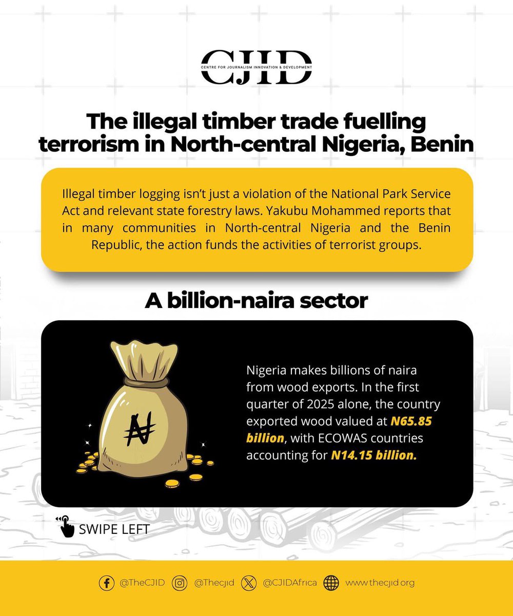 olorunwababs's tweet photo. At a time when insecurity has once again become a major national conversation, I am resharing another investigation commissioned by #CJID on how illegal timber trading continues to fuel terrorism across parts of North-Central Nigeria and the Benin Republic 🇧🇯.

One of the things investigative journalism has taught me is that the most important stories are often the ones that connect issues we typically think of as separate.

For many people, timber is an environmental story.

For others, it is a trade and economic story.

For communities living around forests, it is a livelihood story.

This investigation shows how it can also become a security story.

The more I study insecurity in Nigeria, the more convinced I become that we often analyse problems in silos while the actors driving them do not.

Terror groups operate within ecosystems. They leverage economic networks, supply chains, informal taxation, natural resources, local grievances, and governance failures to sustain their activities.

Addressing insecurity therefore requires a broader understanding of the systems, incentives, and illicit economies that sustain violence over time.

Behind many attacks are financial networks, resource flows, taxation systems, and informal economies that make violence profitable and sustainable.

The investigation we published in March explores one part of that ecosystem and why understanding it matters for national security.

See the slides and the full investigation as published by @PremiumTimesng