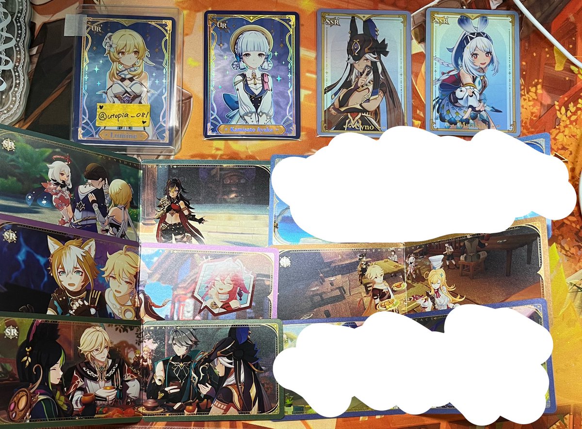 Utopia_081's tweet photo. 原神 交換 譲渡 

譲 画像1〜4

求 画像4 R蛍 N R アルハイゼン
UR SSR アルハイゼン 、蛍、綾華
SR アルハイゼン単体

アルハイゼンは友人分
R、Nの1部絵柄は抱き合わせ含む交換のみ
SRスメール男子はUR蛍との交換優先
御気軽にお声掛けください〇 https://t.co/sRVvbYcelr