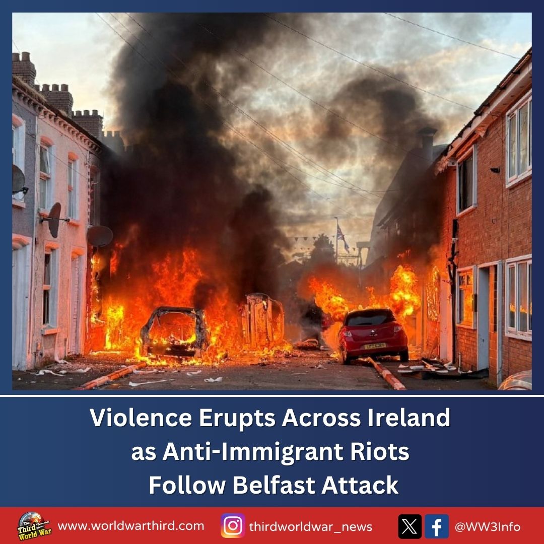 WW3Info's tweet photo. #WW3: Riots erupt in #Belfast, Ireland after a video of Sudanese migrant attacking a local man surfaced. #AntiImmigration protests turned violent with arson &amp; attacks on police. Unrest has spread to Antrim, Glasgow &amp; Edinburgh. #Starmer govt faces criticism over asylum policies. https://t.co/lLnXLIV1yN