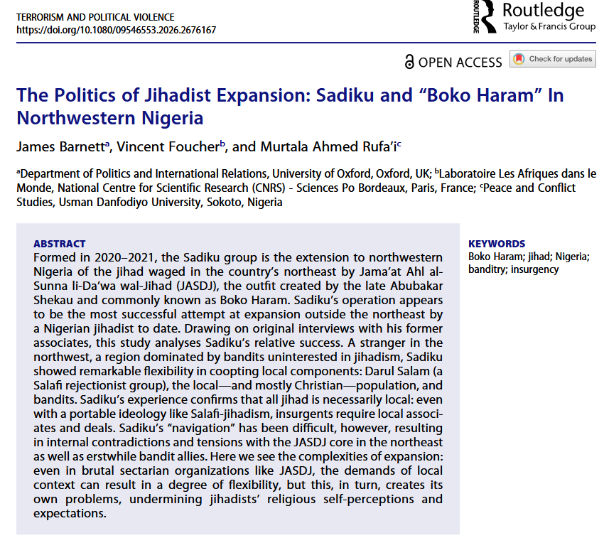 jh_barnett's tweet photo. Our new study sheds light on "Boko Haram's" expansion into NW Nigeria since 2020 under the command of the infamous Sadiku

This collaboration w/ brilliant colleagues @VincentFoucher &amp; Murtala Rufa'i involved lots of original fieldwork and interviews
https://t.co/eBR78TnBpI https://t.co/jWUiM2FV5E