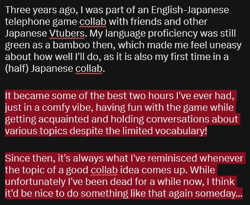 snowleafhq's tweet photo. 3年前に俺が友達に日本Vtuberさん達と他の友達で英語伝言ゲームコラボに誘われました。あの時に日本語喋るのまだ上手くないから話すを心配したんだけど😅

しかし、その2時間はすっごく楽しかったよ！みんなと仲良くしたり、ゲームも頑張ったり、色々話してたんだ✨

機会あればそれまたやりたいよなぁ https://t.co/V8CgRBwTIU