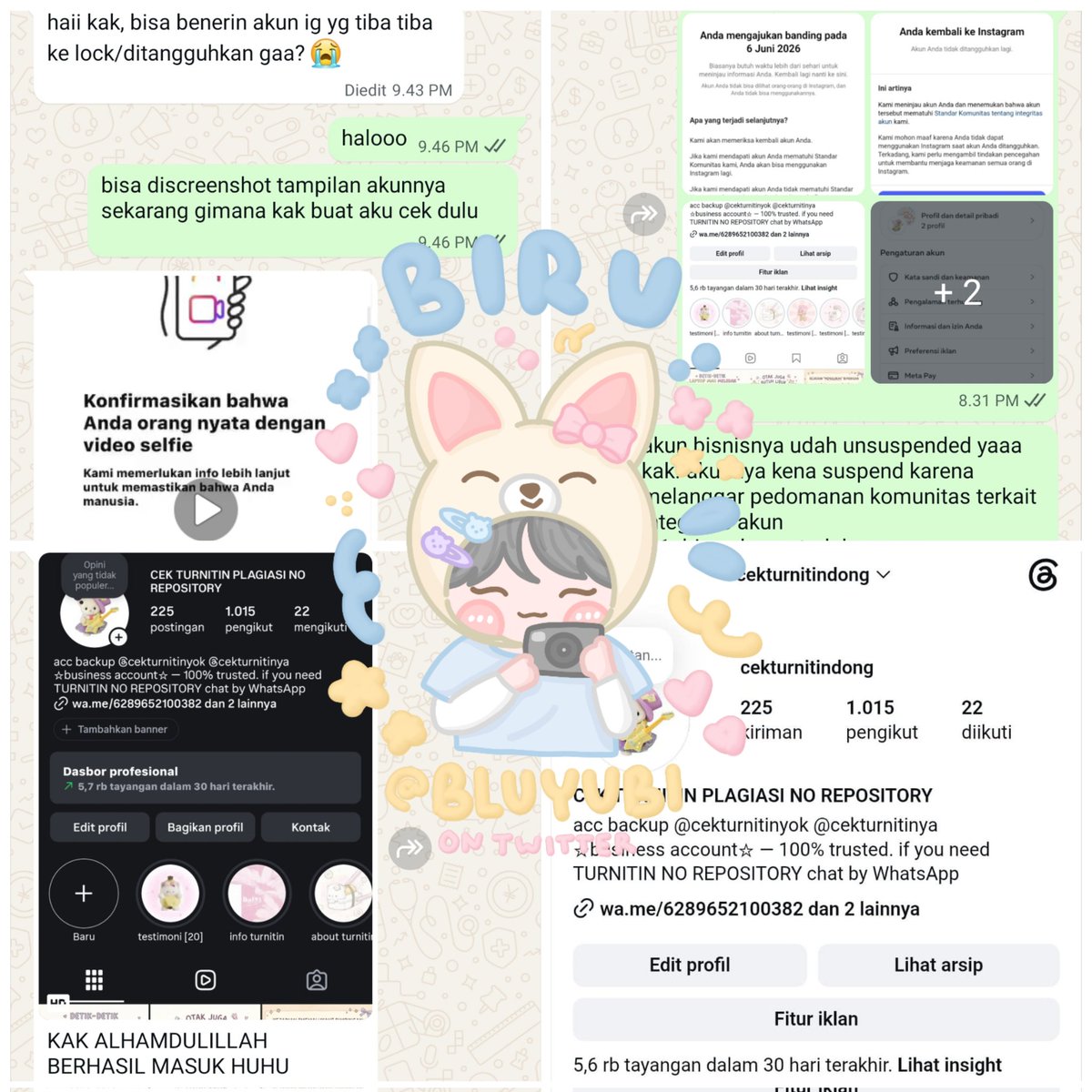 bibluyubi's tweet photo. #testimonibiru : un-🍣/balikin akun instagram (ig) bisnis yang ke suspend 

(+) stuck verif person
(+) stuck verif submit id https://t.co/Xd8WE5TAMP