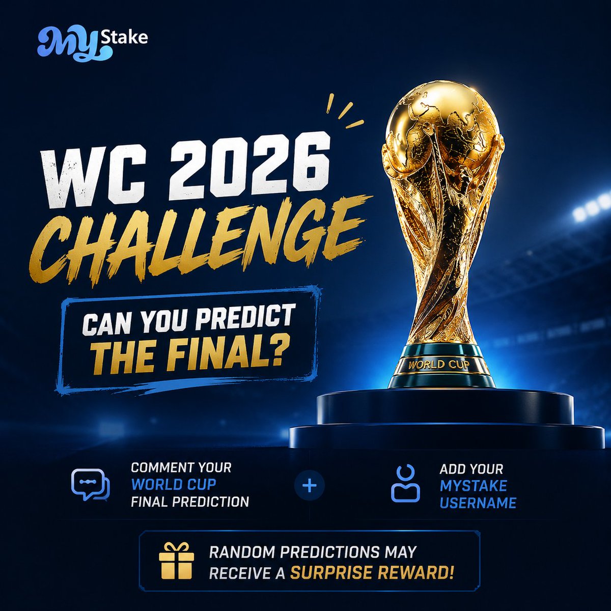 Mystake_Casino's tweet photo. 🏆🌍 #WC2026 CHALLENGE TO WIN👀

Can you predict the #FINAL already? ⚽🔥

📌 Rules:
1️⃣ Follow @MyStake
2️⃣ Like & Retweet
3️⃣ Comment your WC 2026 Final prediction + #MyStake username

🎁 Random predictions may receive a surprise reward 👀💸

🏆 Winner announced at the end of WC 2026!
❌ No edits / multiple entries

🚀 Play now | https://t.co/lvCGe72fm4
💥 Deposit | https://t.co/RJrgPf4tVp