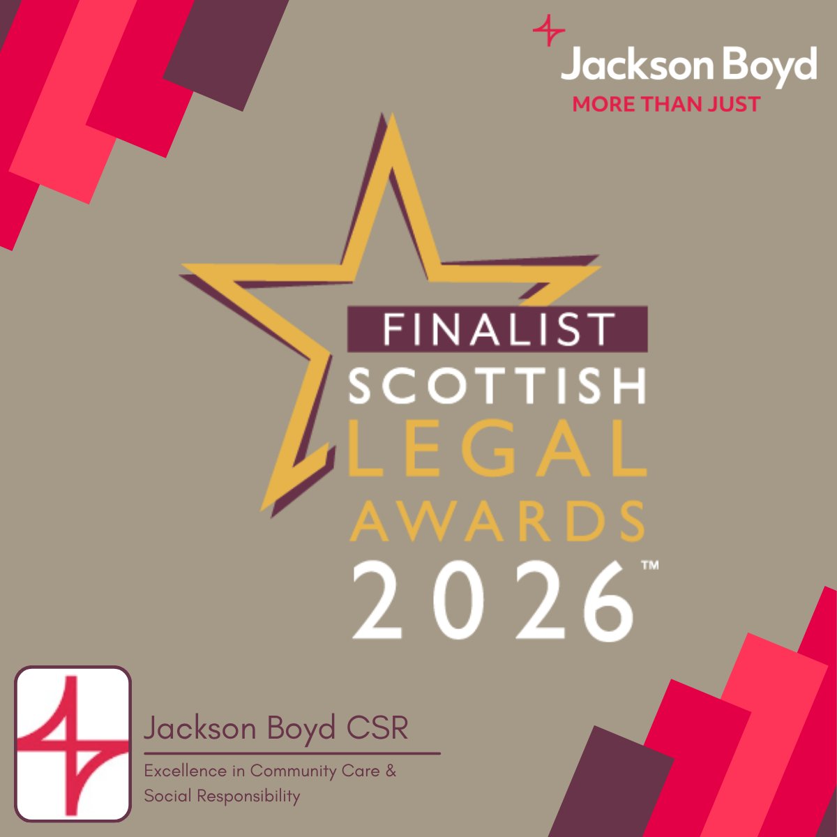 JacksonBoydLLP's tweet photo. We’re proud to announce that our CSR team has been shortlisted as a finalist in the Excellence in Community Care &amp; Social Responsibility category at the Scottish Legal Awards 2026.

A well-deserved recognition of the team’s commitment and passion!
 #ScottishLegalAwards https://t.co/HcPH1EdsmY