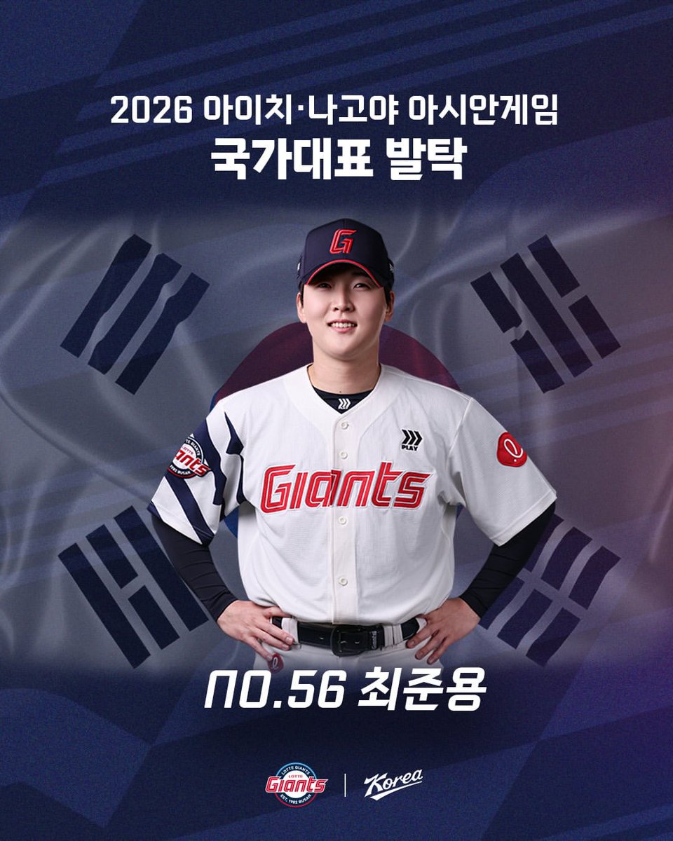 look_talk's tweet photo. 롯스타) 2026 아이치·나고야 아시안게임 야구 국가대표 발탁! 🇰🇷⚾

최준용, 김진욱, 윤동희 선수가 이번 아시안게임 국가대표로 발탁되었습니다!
대한민국을 대표해 출전하는 세 선수에게 많은 응원 부탁드립니다! 🙌🏻🔥

#롯데자이언츠 #GOHIGH https://t.co/lsStG8cmMM