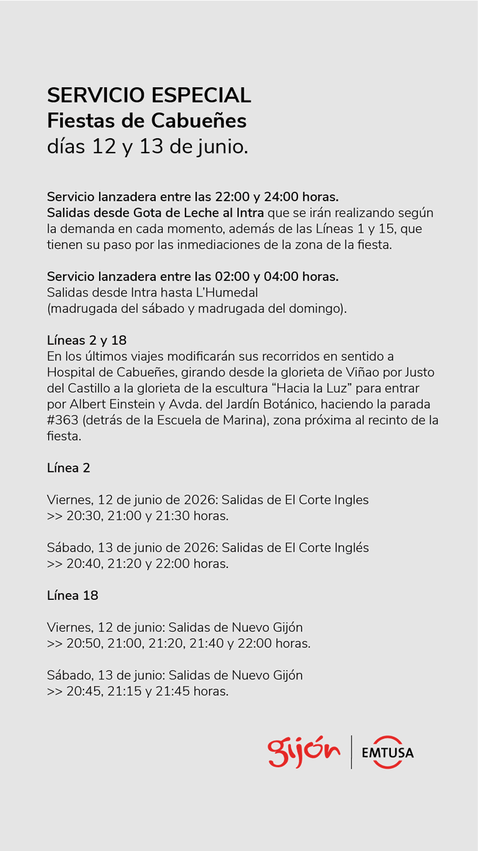 GijonBus's tweet photo. #infoEMTUSA 📌 DISPOSITIVO ESPECIAL
"Fiestas de Cabueñes" / 12 y 13 junio.
‼️Con motivo de las fiestas de Cabueñes, disponemos de un servicio lanzadera IDA... entre las 22:00 y 24:00 h. ...Y VUELTA entre las 02:00 y 04:00 h.
Aviso web
https://t.co/XzifKvRs4o
#EMTUSAConecta https://t.co/i8P9SW6rny