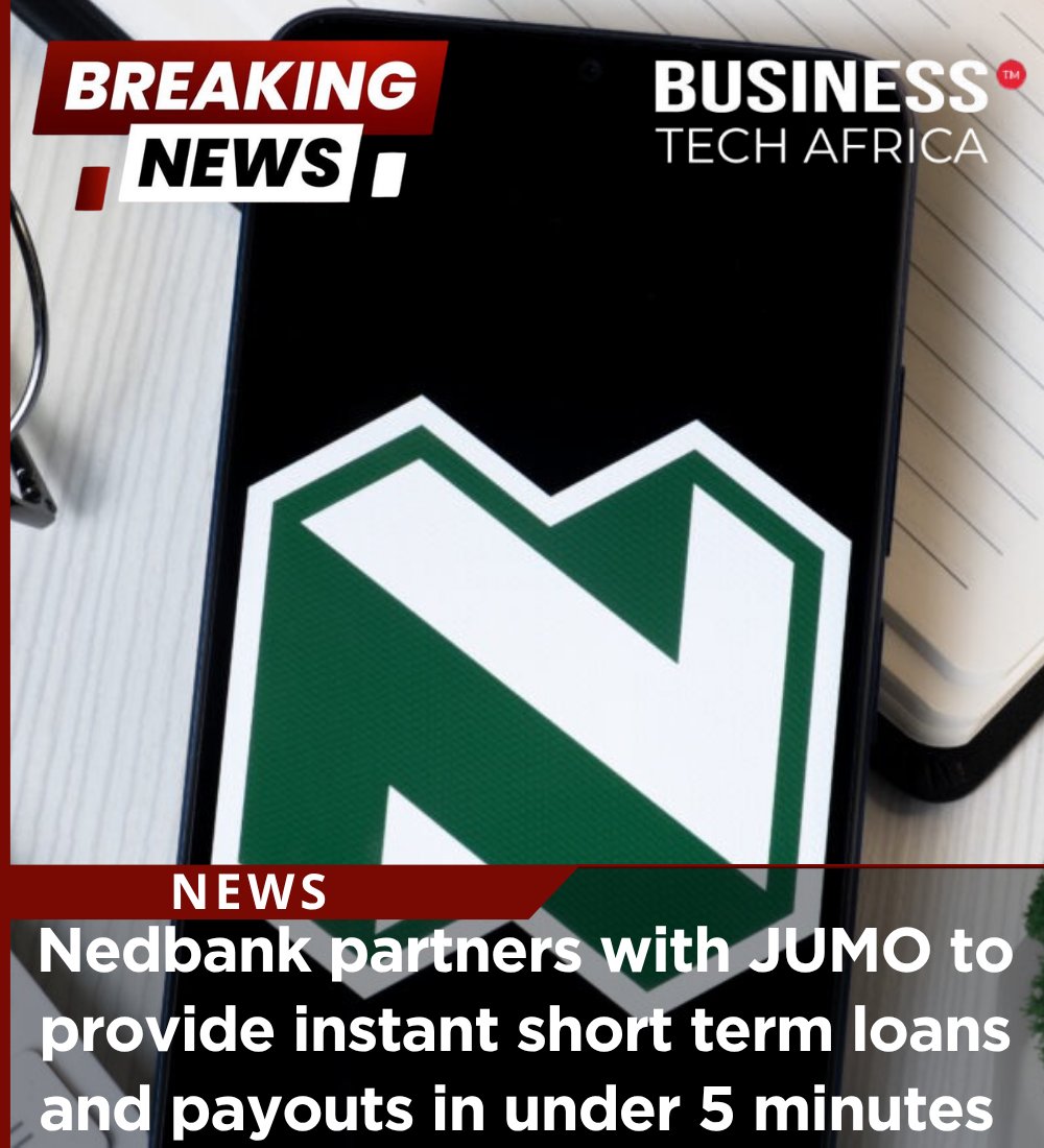 BusinessTech_SA's tweet photo. BREAKING NEWS: 11 June 2026

@Nedbank  has partnered with fintech @JUMO_WORLD  to offer instant, short-term loans through the Nedbank Money App, where JUMO's AI-powered technology allows customers to get loan approvals and payouts in under five minutes.

Read more here: https://t.co/FpH64TRvCC

#businesstechafrica #explorepageًًً #discoverpage #SmallLoans #nedbankmoneyapp #Jumo