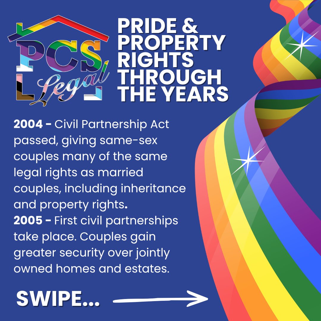 PCSLEGAL's tweet photo. This Pride Month, we're looking back at the history of Pride and property rights 🌈

Swipe through to see the progress of LGBTQ+ rights over the years!

#Pride #Conveyancing #PCSLegal https://t.co/Fj48FXq0Vh