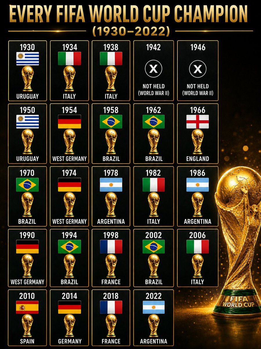 TheDataHubX's tweet photo. EVERY FIFA WORLD CUP CHAMPION (1930–2022) 

1930 🇺🇾 Uruguay
1934 🇮🇹 Italy
1938 🇮🇹 Italy

1942 ❌ Not Held (World War II)
1946 ❌ Not Held (World War II)

1950 🇺🇾 Uruguay
1954 🇩🇪 West Germany
1958 🇧🇷 Brazil
1962 🇧🇷 Brazil
1966 🏴󠁧󠁢󠁥󠁮󠁧󠁿 England
1970 🇧🇷 Brazil
1974 🇩🇪 West Germany
1978 🇦🇷 Argentina
1982 🇮🇹 Italy
1986 🇦🇷 Argentina
1990 🇩🇪 West Germany
1994 🇧🇷 Brazil
1998 🇫🇷 France
2002 🇧🇷 Brazil
2006 🇮🇹 Italy
2010 🇪🇸 Spain
2014 🇩🇪 Germany
2018 🇫🇷 France
2022 🇦🇷 Argentina
2026 ??