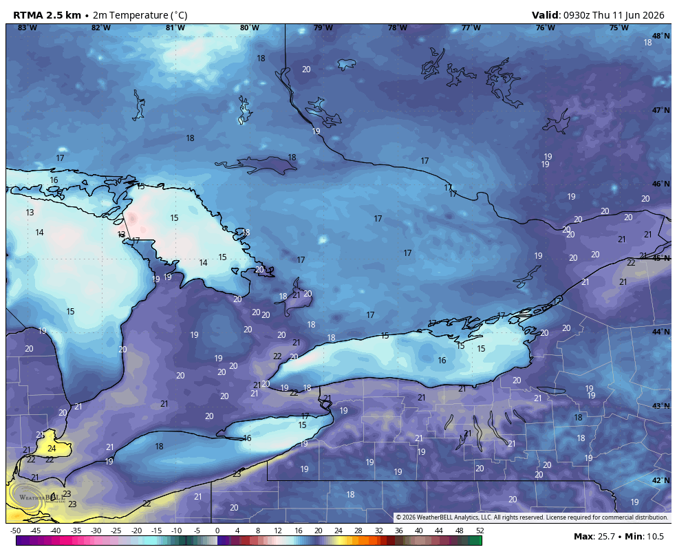 WxOntario1's tweet photo. Another very warm start to the day across Southern #Ontario

Temps range from the upper teens to low 20s

Hottest day of the week for many with temps in the upper 20s/ near 30C, humidex values nearing 40

Enjoy the heat if you're a fan, cold front moves through tomorrow and we won't see a day like today for another 1-2 weeks

#OnWX #ONStorm