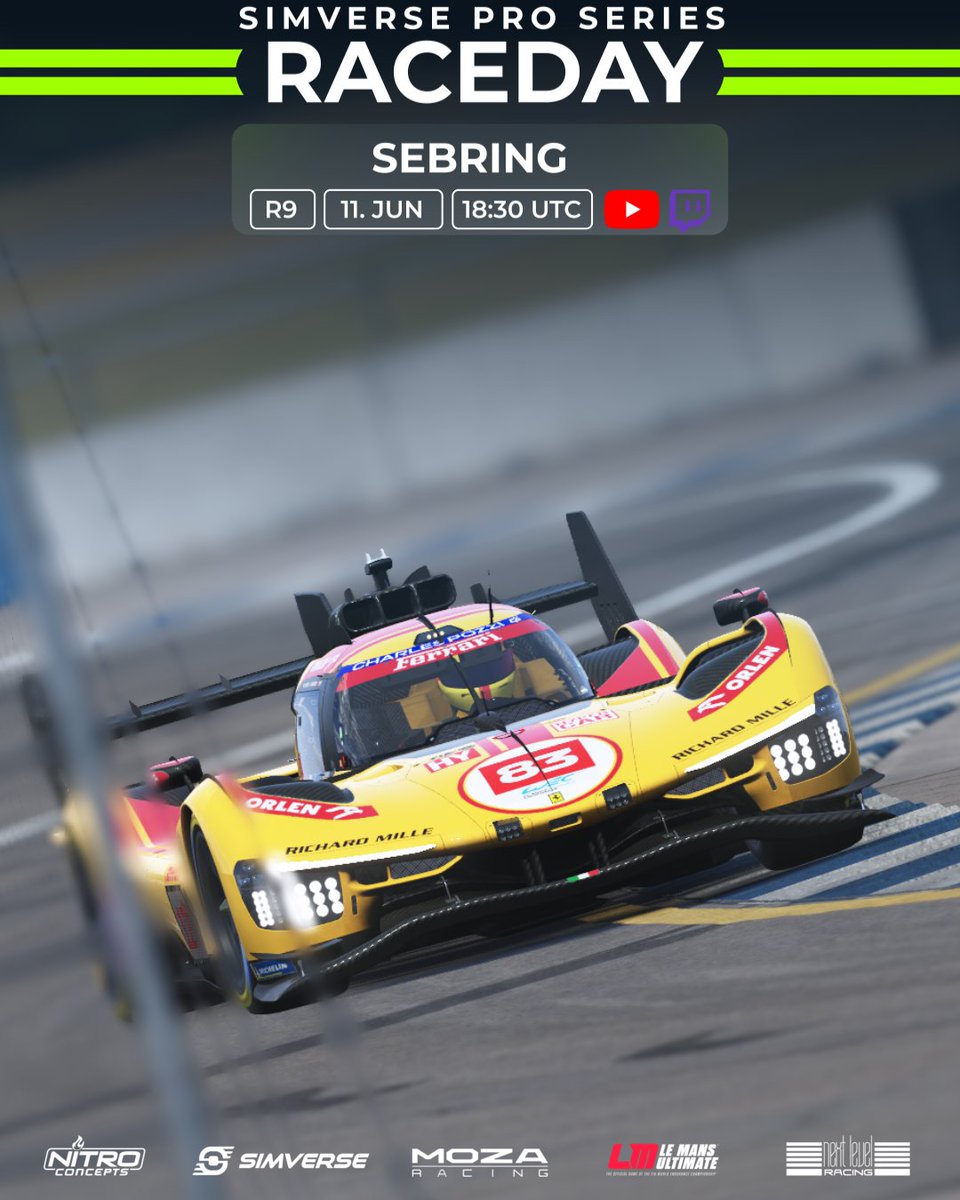LFMotorsport's tweet photo. Don't miss round 9 of the @SimVerseShop  Pro Series at Sebring. Jump into the stream at 18:30 UTC!
https://t.co/T2sEmaMmXs

YouTube : https://t.co/VnwRjW98mq
Twitch: EN https://t.co/kkx5mg3UzM
DE: https://t.co/zSumucvzDh
ESP https://t.co/O8K3l2jV0g

#lowfuelmotorsport #LFM #lemansultimate #LMU #simracing #sebring #racingcars #raceday #hypercars #gt3