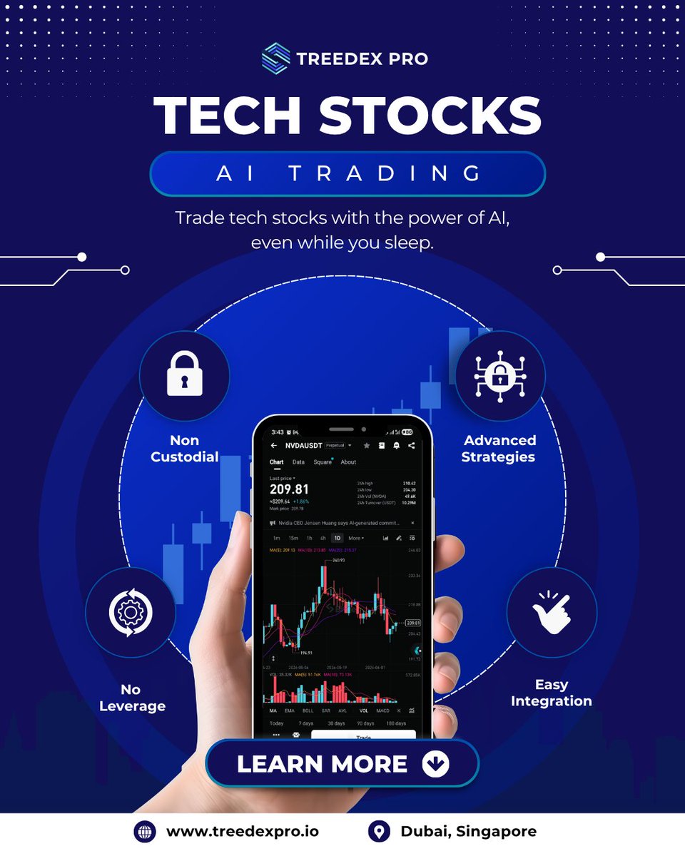 TreedexPro's tweet photo. Tech stocks. AI precision. Round-the-clock execution. Non-custodial, secure, and built to integrate seamlessly. #TechStocks #AITrading #StockMarket #InvestSmart #TreedexPro https://t.co/3tWhCfoNPk