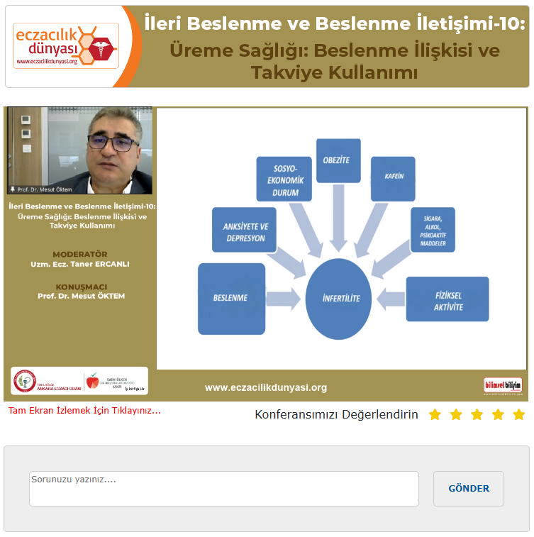 cevik_ibrahim's tweet photo. “İLERİ BESLENME ve BESLENME İLETİŞİMİ-10: ÜREME SAĞLIĞI: BESLENME İLİŞKİSİ ve TAKVİYE KULLANIMI” Canlı Konseyini “Ankara Eczacı Odası” ve “Sabri Ülker Gıda Araştırmaları Enstitüsü Vakfı” işbirliği ile ECZACILIK DÜNYASI (https://t.co/4SGSqDnHxs)’ndan gerçekleştirdik.

Moderatörümüz Uzm. Ecz. Taner ERCANLI ve konuşmacımız Prof. Dr. Mesut ÖKTEM’in Ankara’dan, online olarak kendi bilgisayarları ile yazılımı ve tasarımı tamamıyla Bilimsel Bilişim tarafından geliştirilen BİLİMSEL BİLİŞİM CANLI KONSEY MODÜLÜ’ne bağlanarak gerçekleştirdikleri konseyimizde sunumun ardından katılımcılarımızdan gelen sorular da yanıtlandı.

Bu interaktif program için Uzm. Ecz. Taner ERCANLI ve Prof. Dr. Mesut ÖKTEM ile tüm ECZACILIK DÜNYASI üyelerine çok teşekkür ederiz.

Bu Canlı Konseyin video kaydı-slaytları çok yakında ECZACILIK DÜNYASI platformunun ONLINE TV-SUNU MERKEZİ bölümlerinde olacak.
https://t.co/wpxPKnhdyI