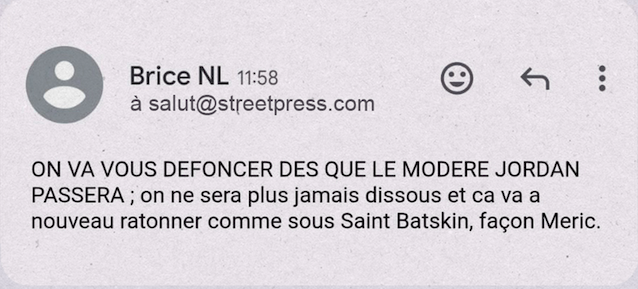 streetpress's tweet photo. 🗣️ « ON VA VOUS DÉFONCER DES QUE LE MODÉRÉ JORDAN PASSERA »

Depuis quelques jours, les menaces de l'extrême droite envers StreetPress s'intensifient, et on a besoin de vous pour y faire face.

https://t.co/3fpzi6ZXqz https://t.co/3IqfZh0PV6