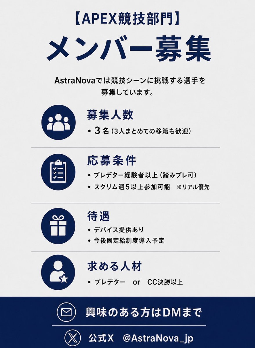 AstraNova_jp's tweet photo. 本気でAPEXのプロを目指してる君へ

AstraNova  APEX部門でプロを目指しませんか？
詳細は画像にて...

#APEX募集 https://t.co/dEhhebFSgA