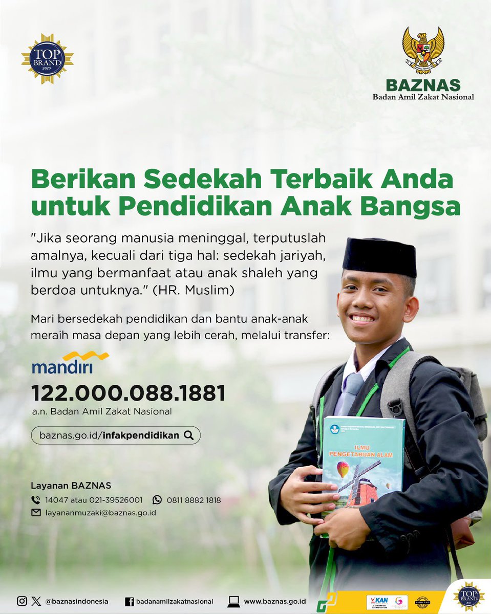 baznasindonesia's tweet photo. Mari ambil bagian dalam mencerdaskan anak bangsa melalui Sedekah Pendidikan via transfer:

💳 Bank Mandiri 122.000.088.1881
a.n. Badan Amil Zakat Nasional

Atau https://t.co/A1N3JBJIQB https://t.co/mz1P0rVYvT